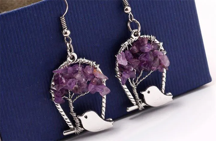 Creative Bird Tree of Life Dangling Earrings Fashion Personality Crystal Stone Earring Silver Plated Hooks Dangle Jewelry Handmade