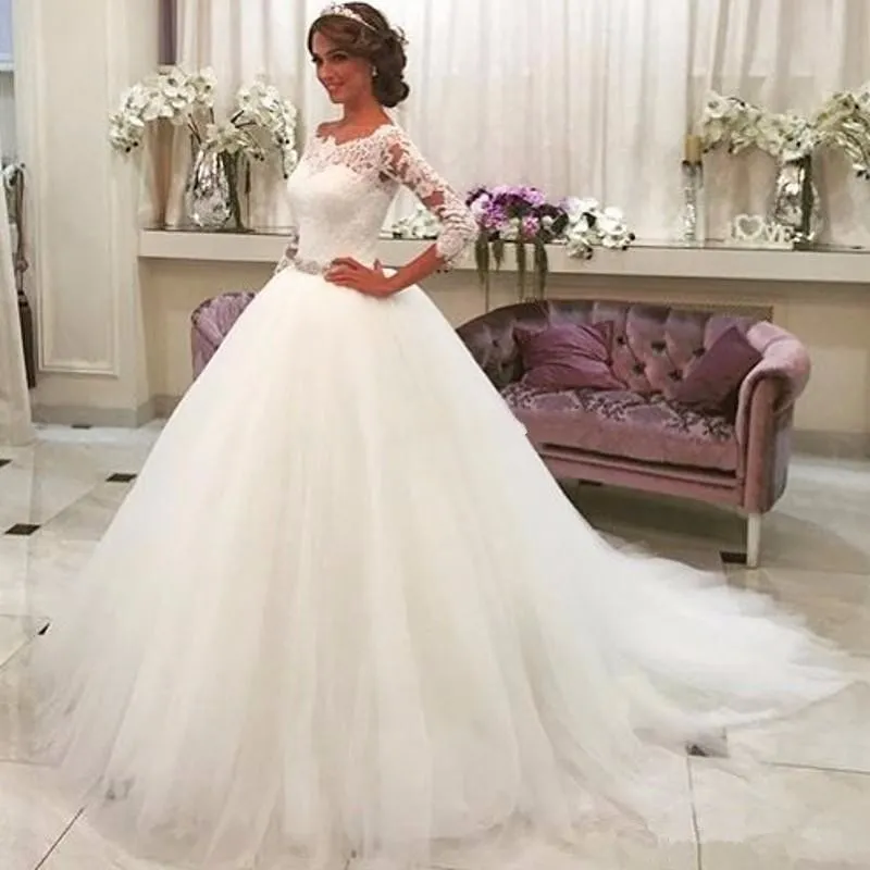 Hot Sale Saudi Arabia Vestido De Noiva Ivory Lace Three Quarter Muslim Wedding Dresses Real Bridal gown Tulle Ball Gown Wedding Dress