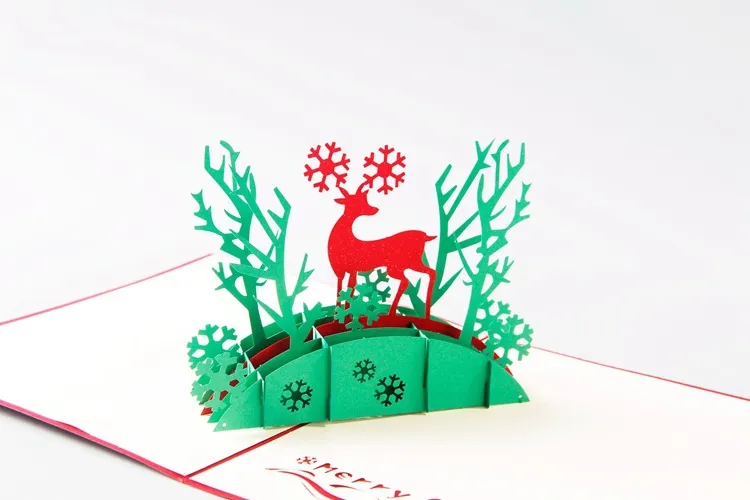 3D Pop Up Up Cartões Santa Deer Christmas Árvore Handmade Kirigami Origami Cartão Festivo Festivo Fontes