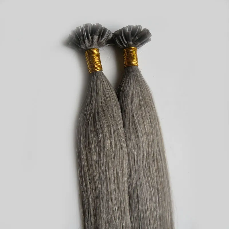 Extensiones de cabello gris plateado Extensiones de cabello humano liso brasileño fusión en u punta 100s Extensiones de cabello humano preunidas 100g