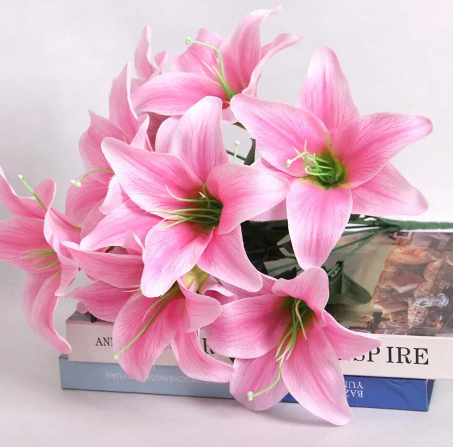 4 adet Yapay 10 Kafa Zambak İpek Çiçek Yaprak Düğün Gelin Buket Ev Ofis Dekorasyon Için Kök