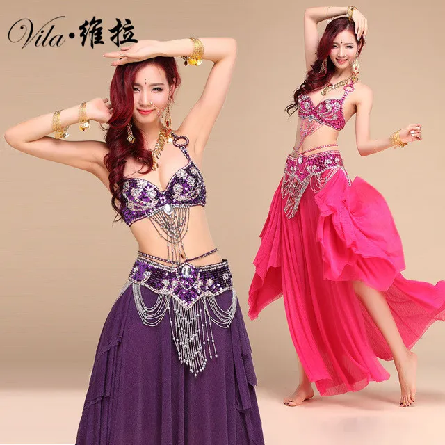 Disfraz de danza del vientre de nuevo estilo s / m / l 3 unids brabeltskirt sexy bailando mujeres ropa de baile set de la danza del hitlydance indio desgaste para dama