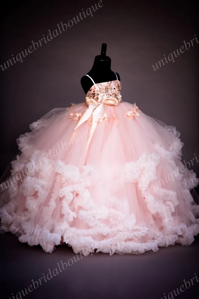 Graduation Dresses Kids Sequins Princess Flower Girl's Dresses with 3D Florals and Ruffles Skirt Real Photos Blush Girls Birthday Gowns