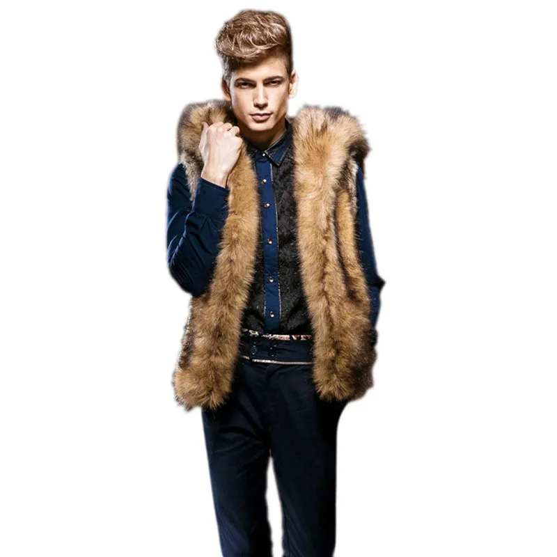 卸売 - 熱い販売の高級品質男性メンズのファックスファーパーカージャケットベスト冬のファッションノースリーブフード付きアウタースリムベストコートN291