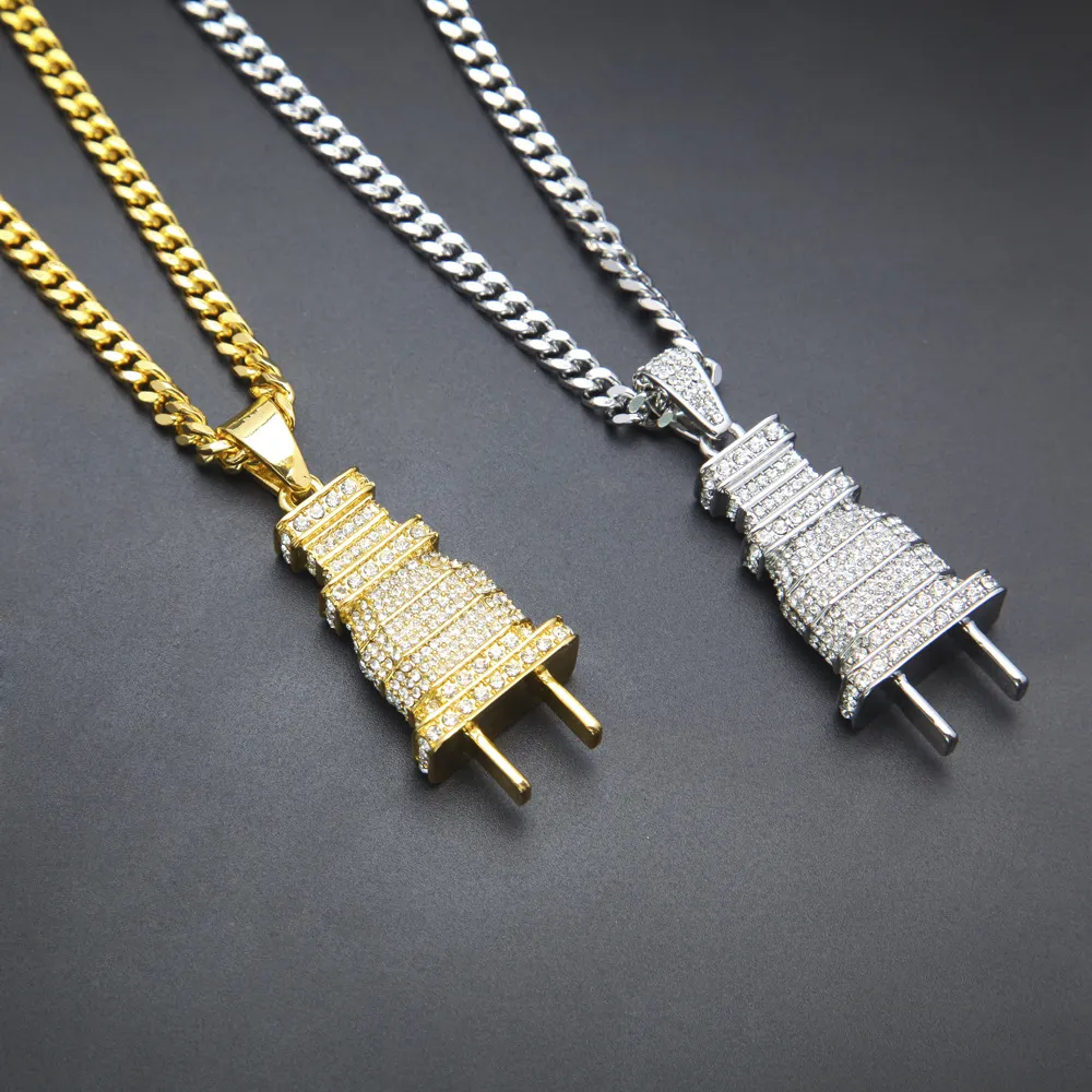 Iced Out Bling Hommes Micro Pave Plein Strass Plug Pendentif Collier Or Argent Plaqué Charme Cubain Chaîne Hip Hop Bijoux