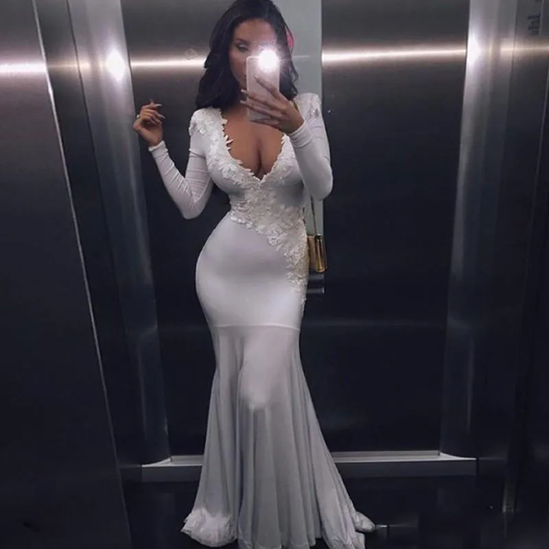 Charming White Deep V Neck Prom Dresses Lace Appliques Long Sleeve Black Girl Evening Gowns Cocktail Party Dress African Robe De Soiree