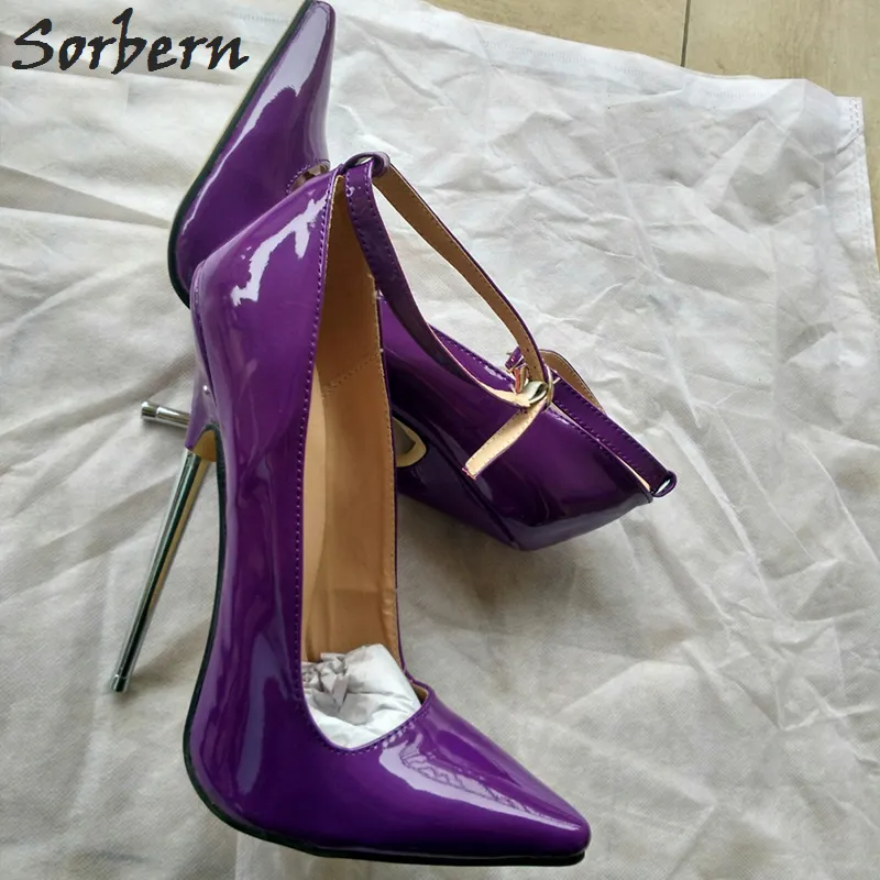 Sorbern 18Cm 7" Stiletto Fetish Dress Shoes Sharp Toe Ankle Strap Pumps Spike Metal High Heel Bondage Bdsm