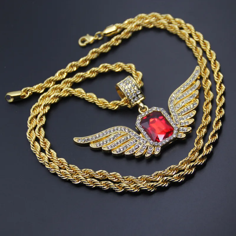 Collier avec pendentif ailes d'ange Hip Hop avec grande pierre rouge, 4.8x8cm, 5mm x 76cm, chaîne en corde, bijoux glacés pour hommes et femmes