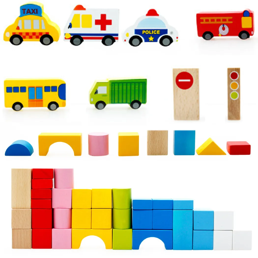 Novo imagens de desenhos animados de cores de segurança cena do tráfego da cidade de madeira blocos de construção de brinquedo de aniversário das crianças e presente de natal com caixa