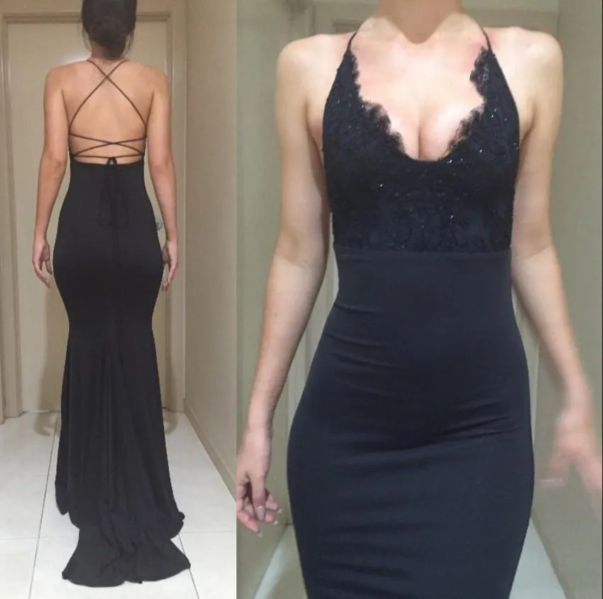 Sexy Lace Black Mermaid Evening Dresses 2023 V Neck Spaghetti Straps Satin Open Back Long Prom Dresses Sweep Train Formal Gowns