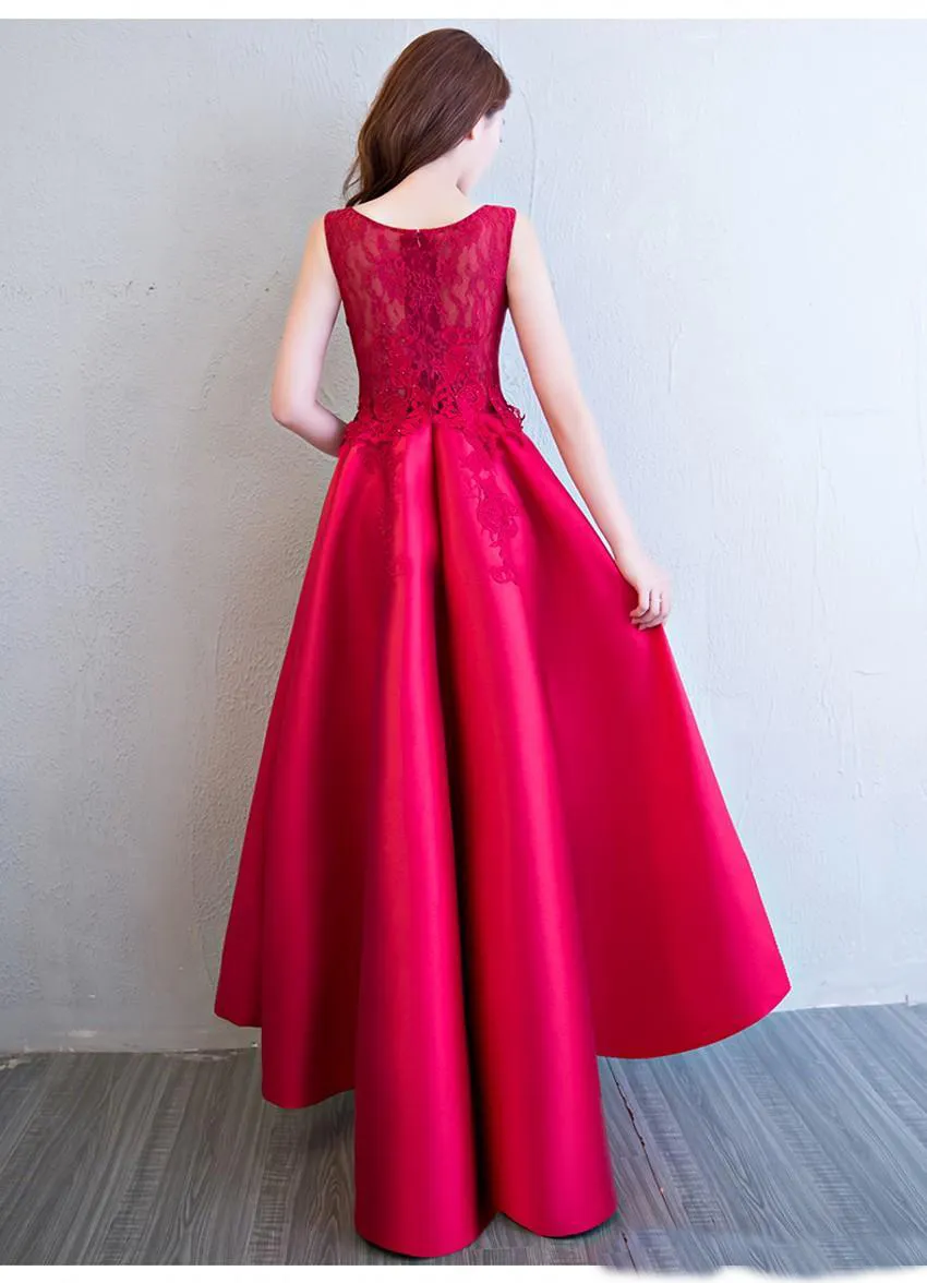 Burgundy High Low Cocktail Party Dresses 2019 Applique Satin Formal Evening For 16 Sweet Girls Skirt Cheap Prom Gowns8085693