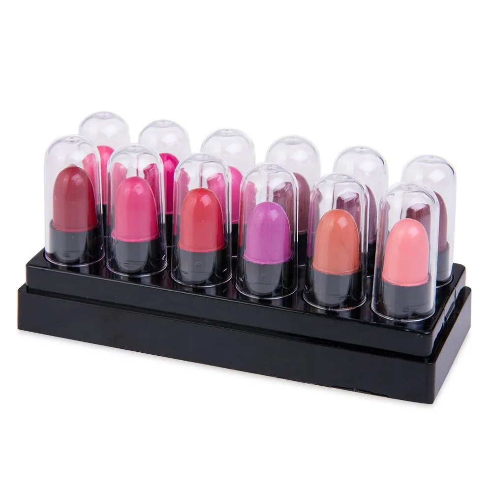 Partihandel-12 st / Pack Charmiga färger Lip Stick Lovely Tiny Fuktgivande Långvarig Skinnande Läppstift Makeup Kosmetisk Läppglans Gratis Shippi