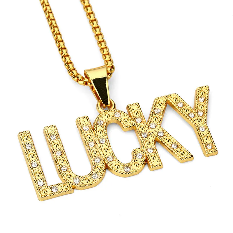 Plaqué or breloque lettre pendentif chanceux collier CZ cristal mode Hip Hop bijoux longue chaîne bonne chance pour hommes femmes cadeau