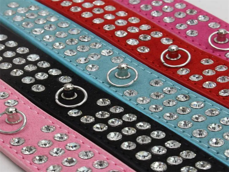 Fast shipping 3 Rows Rhinestones Leather Dog Collars Crystal Diamante Dogs Cat Puppy Collar 