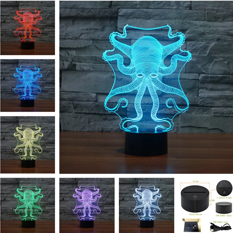 Octopus Creative 3D Acrylic Visual Home Touch Table Lampa 7 Färger Ändra Konst Dekor USB LED Barns skrivbord Nattlampa TD158