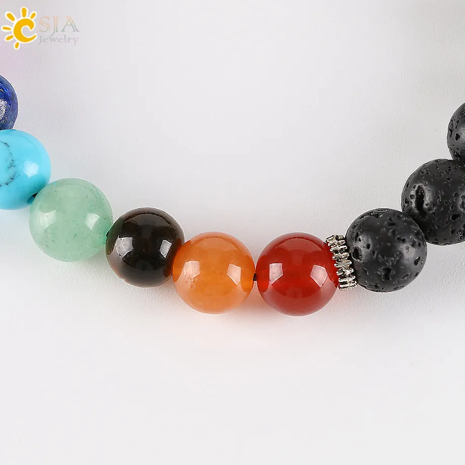 CSJA 8mm Donna Uomo Natural Black Lava Rock Beads 7 Chakra Bracciali Healing Energy Stone Meditation Gem Stone Mala Bracciale E278286Z