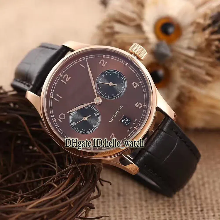 Högkvalitativ Portugieser IW500125 IW500701 IW500124 Brown Dial Automatic Mens Watch Rose Gold Leathre Strap Power Reserve Klockor