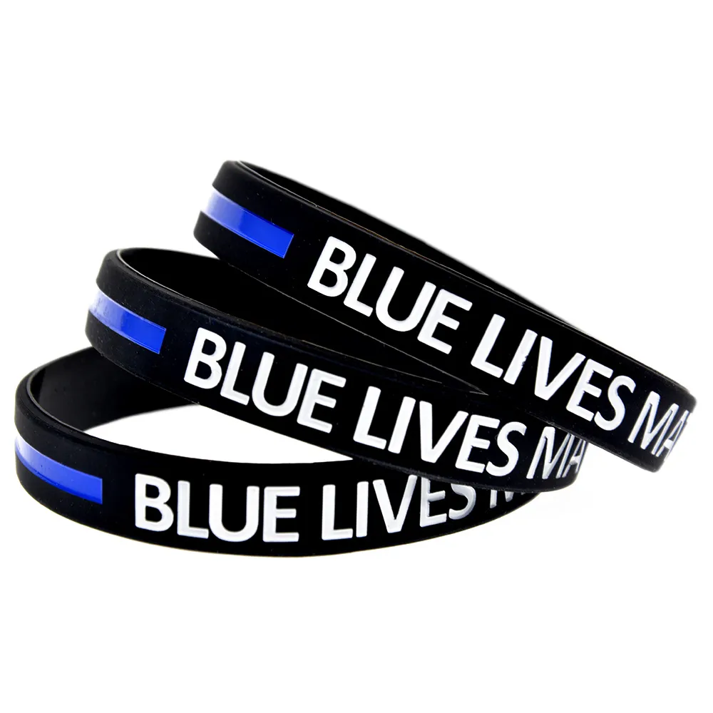 1PC Blue Lives Matter Silicone Caoutchouc Bracelet Doux Et Flexible Noir Taille Adulte Classique Décoration Logo