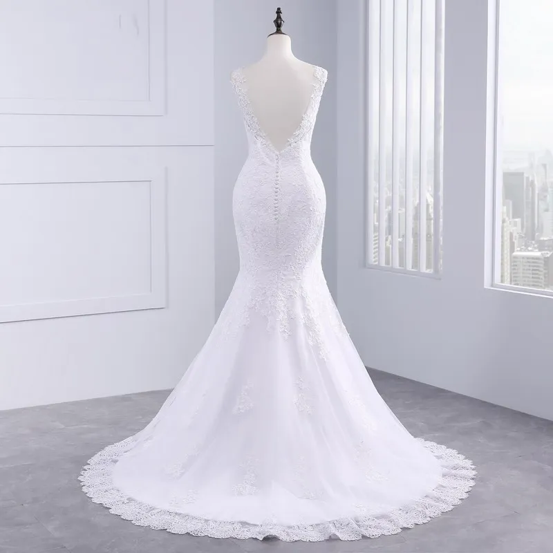 Modern V Neck Minmaid Bröllopsklänning Plus Storlek 2018 Öppna Back Lace Applique Country Train Vestido de Novia Bröllop Bridal Klänningar