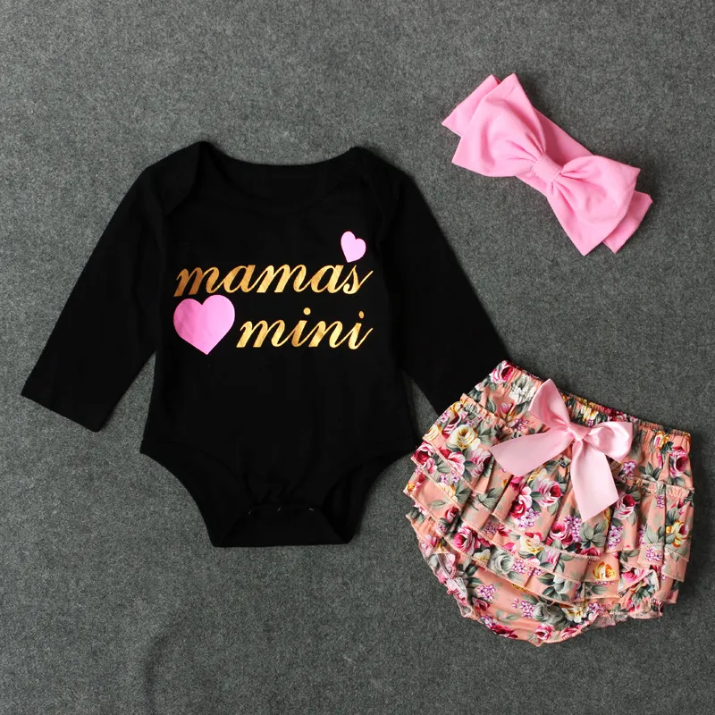 Primavera autunno bambini vestiti imposta bambina mama mini lettera stampa pagliaccetto con stampa floreale pp pantaloni + fasce 3 pezzi vestiti