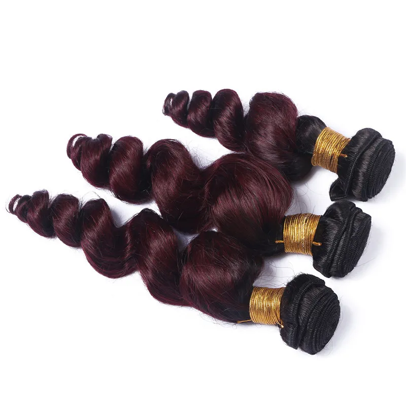 Vierge péruvienne 1b / 99j vin rouge ombre cheveux humains 3bundles avec fermeture en dentelle vague bordeaux ombre 4x4 fermeture en dentelle avec des tissages