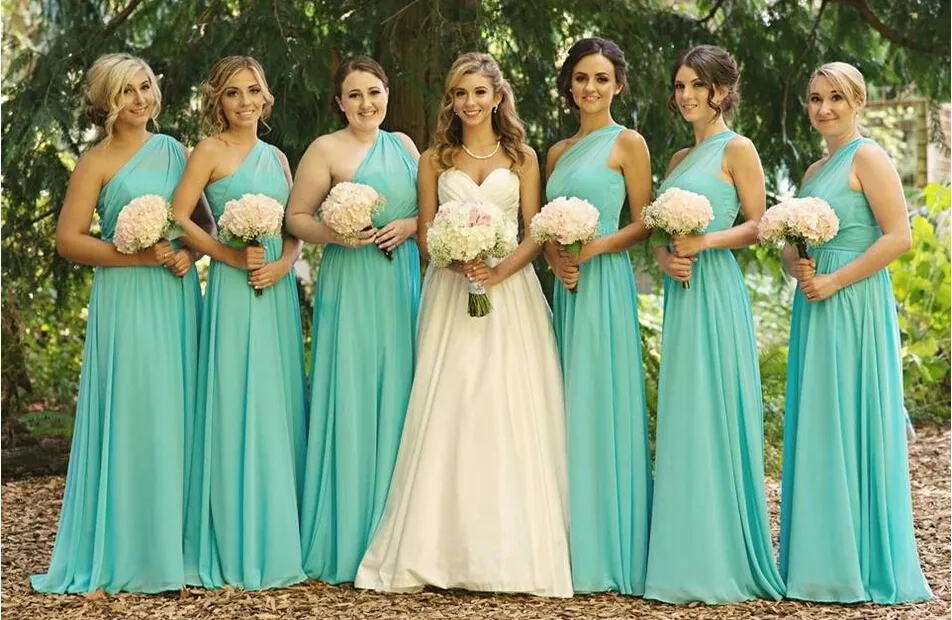 Eén schouder Flowy Chiffon Bruidsmeisjes Jurken Geplooid vloer Lengte Plus Size Bruidsmeisjes Jurken Grijze Blauwe Mint Groene Maid of Honour