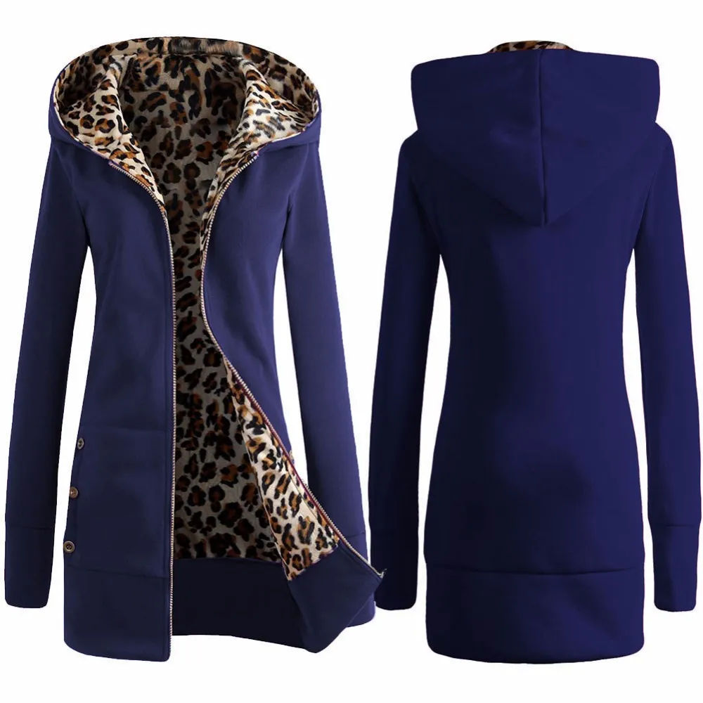 Partihandel-Hooded Leopard Långärmad Coat Höst Kvinnor Basic Coat