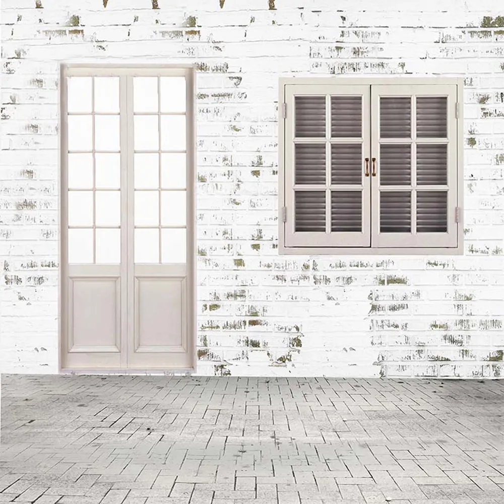 Weiß bemalte Backsteinmauer, Boden, Fotohintergründe, Holztür, Fenster, Kinderhintergründe für Studio, Hochzeit, Innenbereich, Fotografie-Requisiten, Tapete