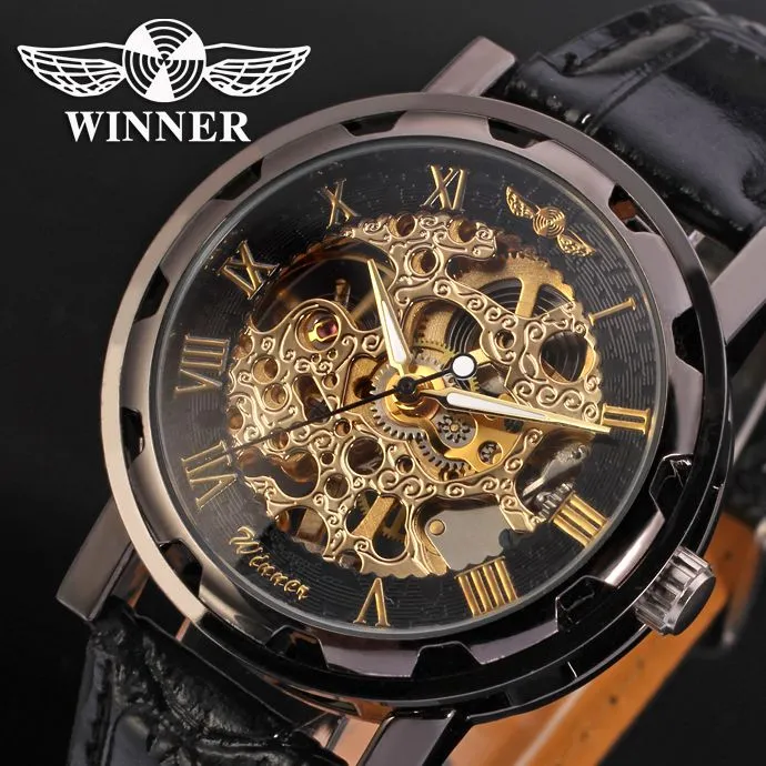 Winner Fashion Gold Black Roman Number Dial Luxury Design Clock Mens Watch Top Brand Cool Mechanical Skeleton Male Wrist Watches