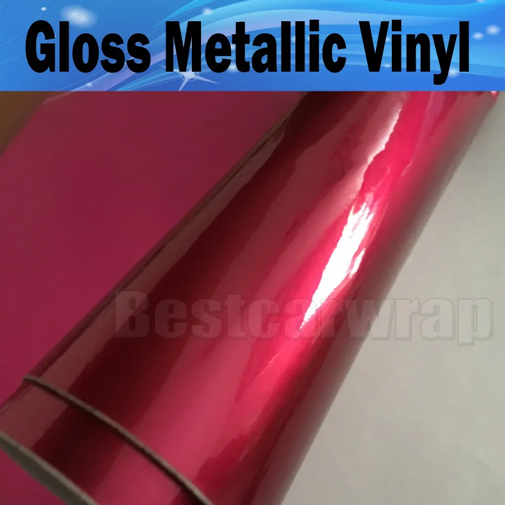 Film d'emballage de voiture en vinyle métallique brillant Rose rouge avec dégagement d'air feuille d'enveloppe métallique brillante taille autocollante: 1.52*20 M/Roll
