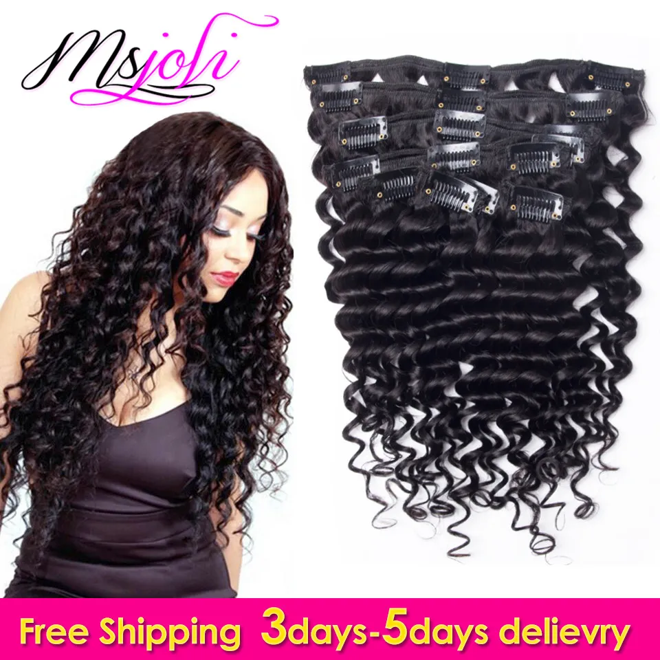 Peruviaanse 9A Virgin Human Hair Clip in Extension Deep Wave Full Head Natural Color Beauty Hair 7pcs / lot 12-28 inch door MS JOLI