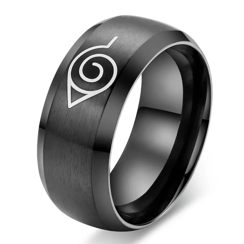 Anime Naruto Ring Fine Smycken 8mm Svart Cool Män Smycken Rostfritt Stål Mens Man Party Tillbehör USA Storlek