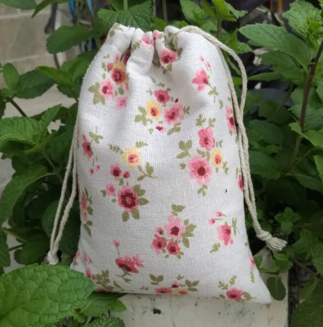 Bolsa de presentes de linho estampada com flores puras sachês de viagem organza saco de joias bolsas de presente 255Q