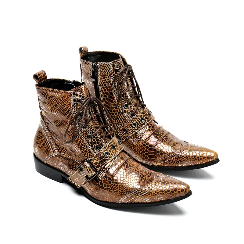 2019 New Arrival Jesień Zimowe Mężczyźni Buty Moda Rock Siły Palec High Zwiększone Western Short Boots Gold Snake Wzór, Duży Rozmiar 38-46