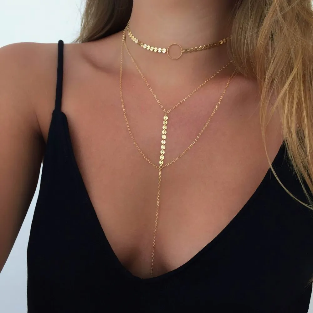 Kadın Chokers Sequins Kolye Yeni Varış Uzun Zincir Kolye Bildirimi Çok Katmanlı Kolye Kadınlar Gece Kulübü Parti Takı Toptan