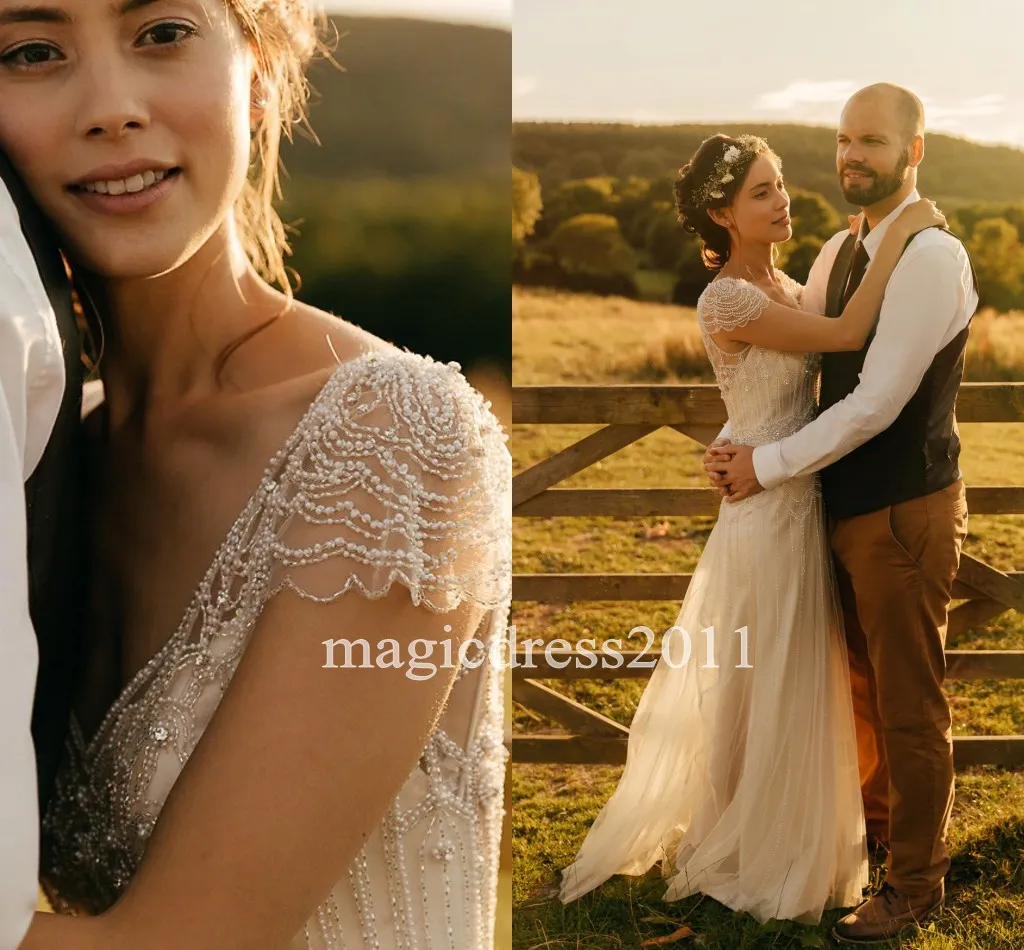 Vintage Garden Wedding Wear 2019 Modern A Line Long Sleeve Bridal Dress With Short Sleeves Deep V Neck And Major Beading By Jenny Packham From Magicdress2011 222.52 DHgate.Com