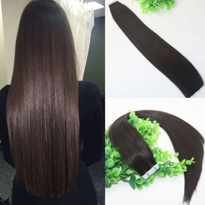 Tape i mänskliga hårförlängningar Brown # 2 Gluslös 40st 100gram Brasiliansk Virgin Hair Skin Weft Tjockände