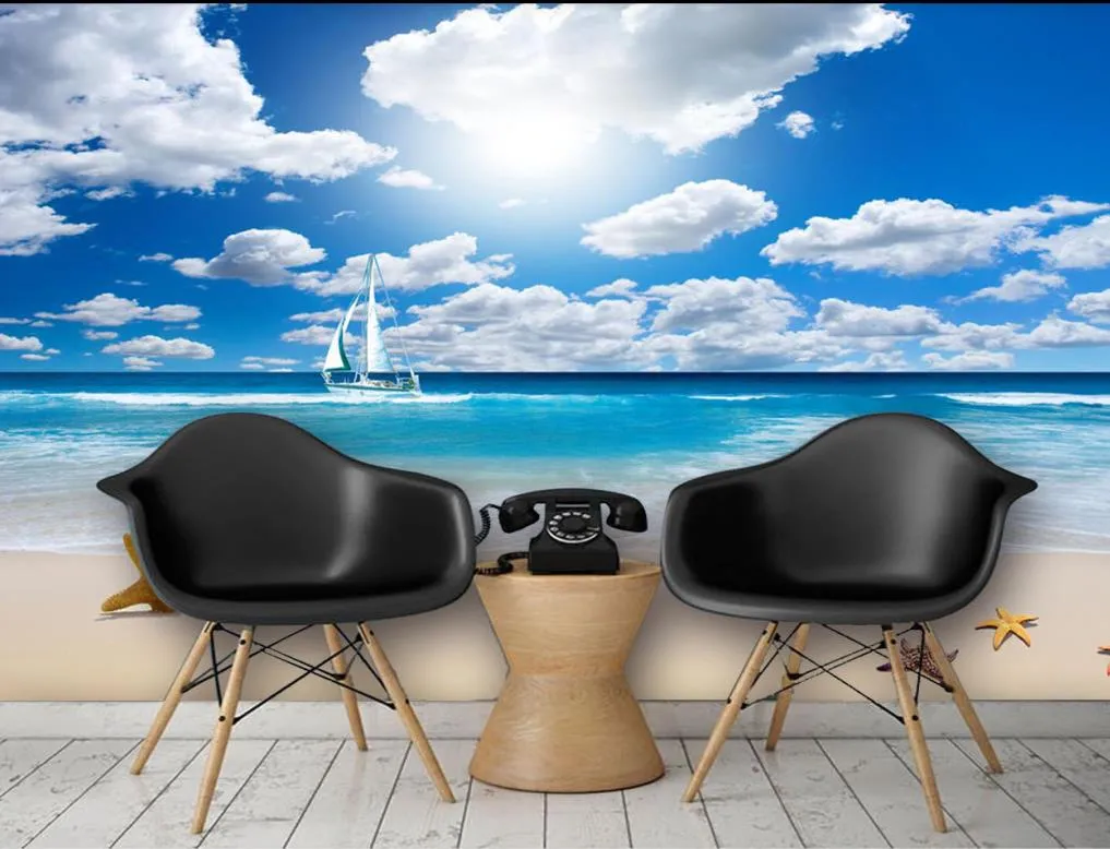 Blue sky white clouds seaside background wall mural 3d wallpaper 3d wall papers for tv backdrop