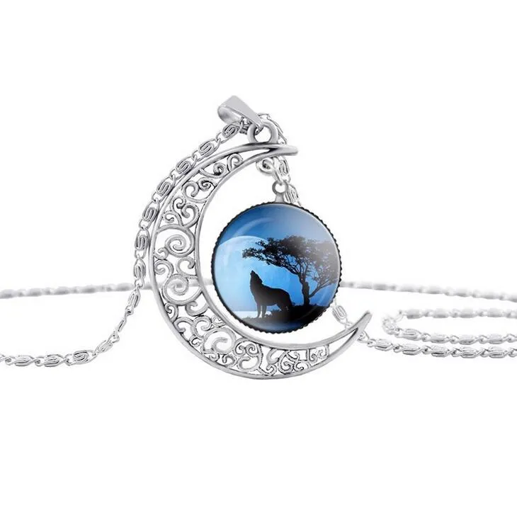 Wolf Pattern Moon Time Gemstone Necklace Pendant WFN178 with chain a 