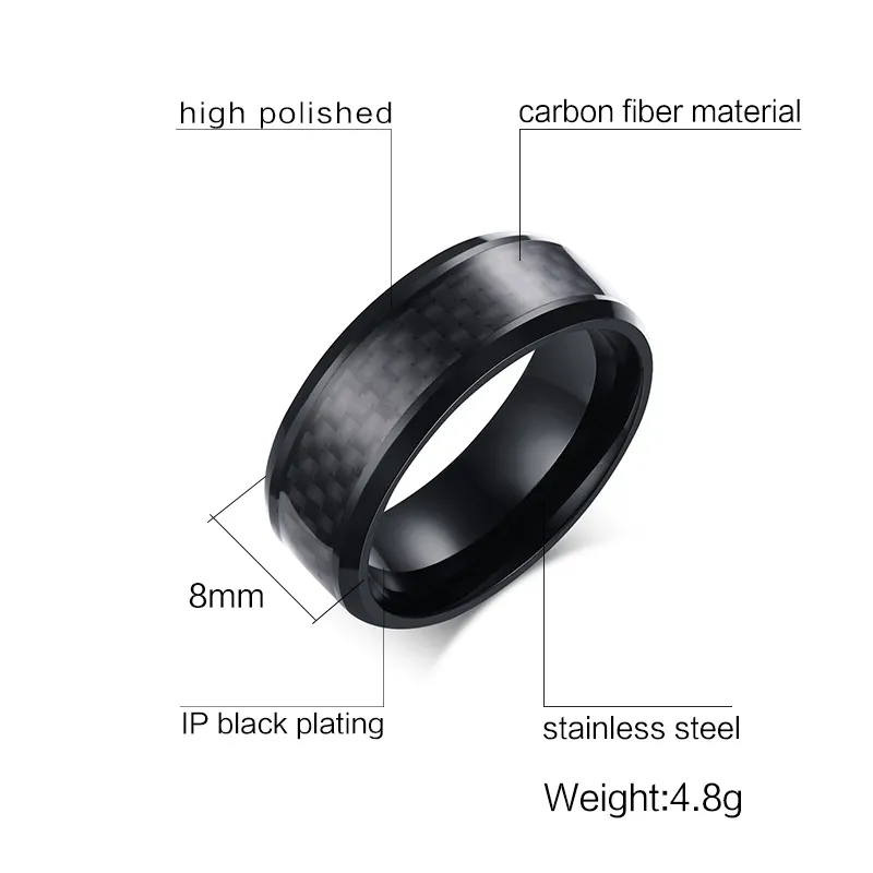 Meaeguet Trendy Men Jewelry Stainless Steel Rings Black Carbon Fiber Inlaid Engagement Wedding Men's Rings Fashion Band,8mm R-152