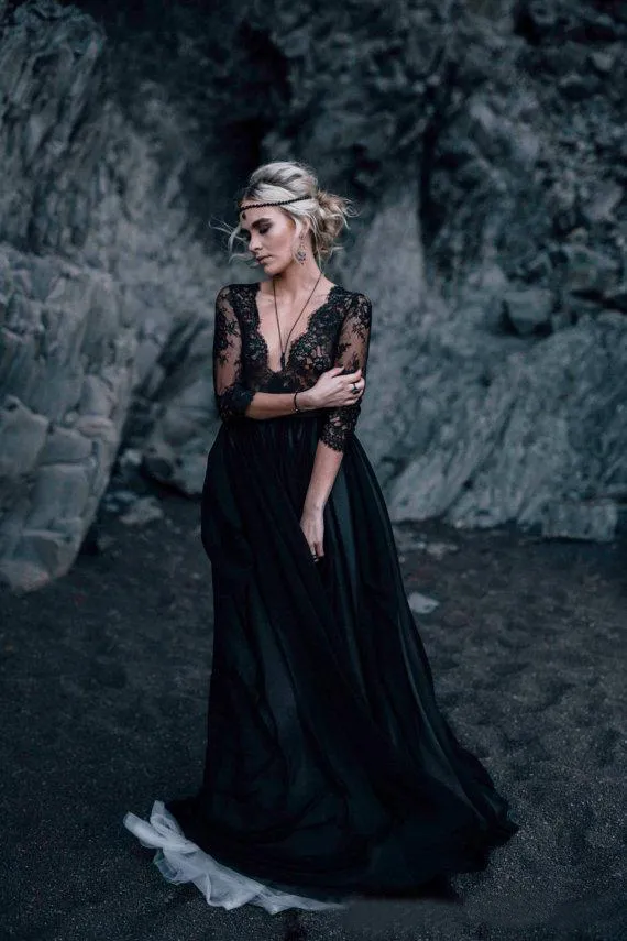 Custom Vintage Gothic a line reception dress with Black Lace and Tulle, V-Neck, 3/4 Sleeves, and Long Sleeve - Plus Size Available (EN11107)