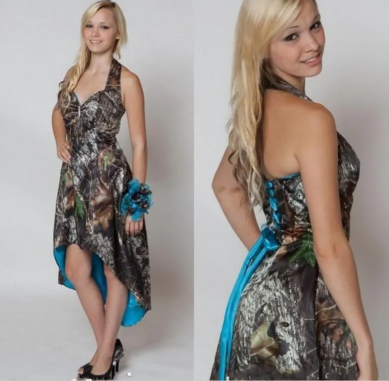 Hot Koop Halter Hals Prom Jurken Hoge Lage Goedkope Jurk Party Wear Korte Homecoming Mouwloze Lace Up Back Camo Jurken Sexy Unieke Design