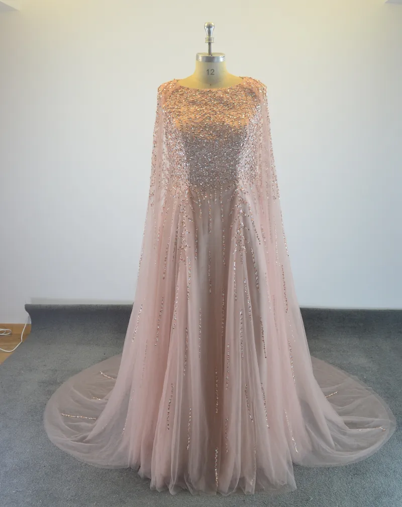 Handmade Crystal Cape Evening Gown - Sleeveless, Long sparkle prom dress