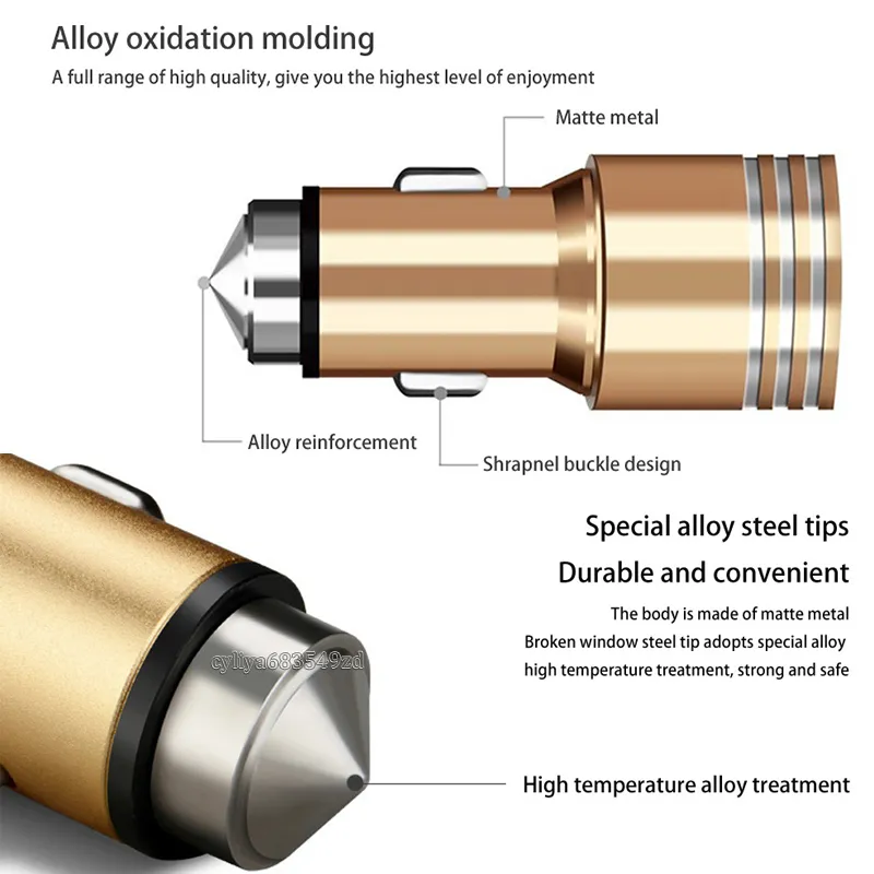 Carregador duplo do carro de USB do metal 2A Windows - carregador quebrado do martelo Adaptador de Traver do carro Plugue do carro para o telefone universal do andróide do smartphone