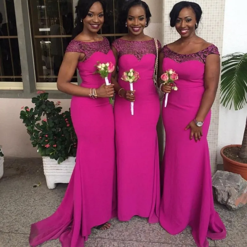 깊은 자홍색 긴 신부 들러리 드레스 보트 neckline appliques 민소매 인어 아프리카 2017 저렴한 섹시한 아프리카 스타일 웨딩 게스트 가운