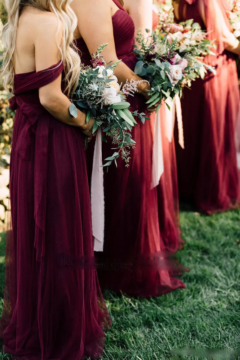 Bordo Şifon Uzun Boho Ülke Gelinlik Modelleri 2017 Örgün Florals Sonbahar Bahçe Düğün Parti Misafir Junior Gowns