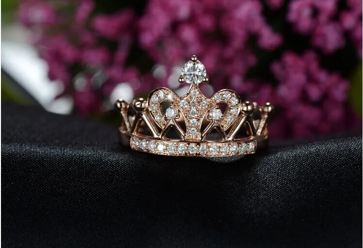 Estilo Micro Inserir Crown Sterling Sólidos Rose Gold cobertura sintética Diamante Mulheres anel perfeito de jóias convite prenda para ela