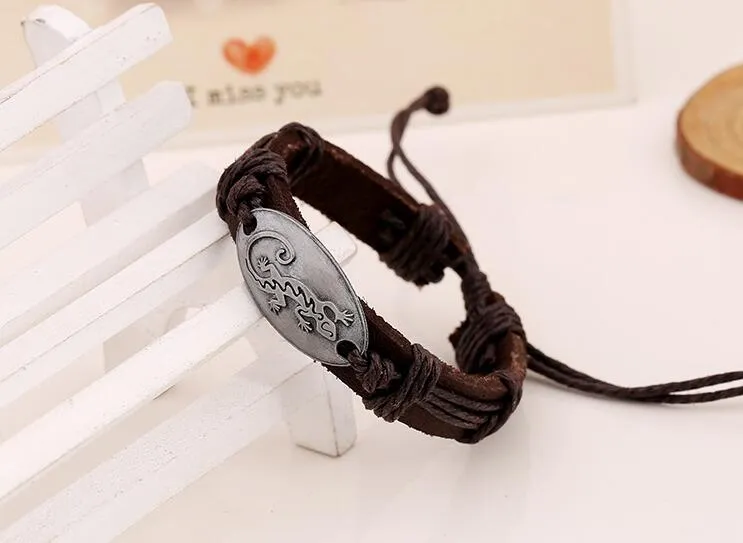 100% couro genuíno liga exorcizar maus espíritos casa lagarto pulseira de couro retro masculino feminino ajustável casal bracelet311u