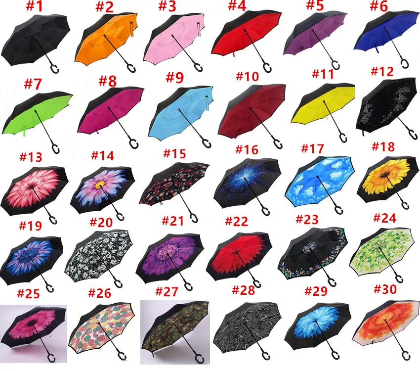 Winddichter, umgekehrt faltbarer, doppellagiger, umgekehrter Chuva-Regenschirm, selbststehend, von innen nach außen, Regenschutz, C-Haken-Hände für Auto, Regen im Freien