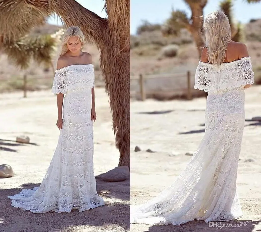 Bohemian Lace Wedding Dresses A Line Off The Shoulder Country Wedding Gowns Boho Beach Bridal Dresses Vestidos De Novia Custom Made